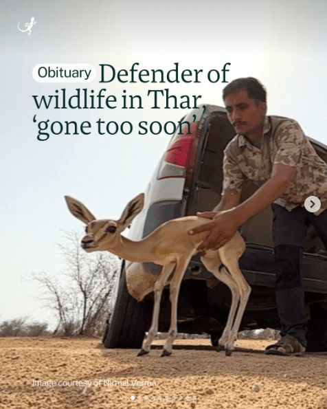 Radheshyam with wildlife biologist Sumit Dookia, beginning his formal Great Indian Bustard conservation work that earned him the title 'Godawan Man of India'