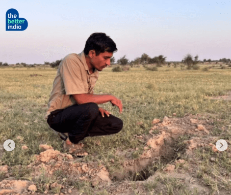Radheshyam Bishnoi with a Great Indian Bustard in its natural habitat in the Thar Desert